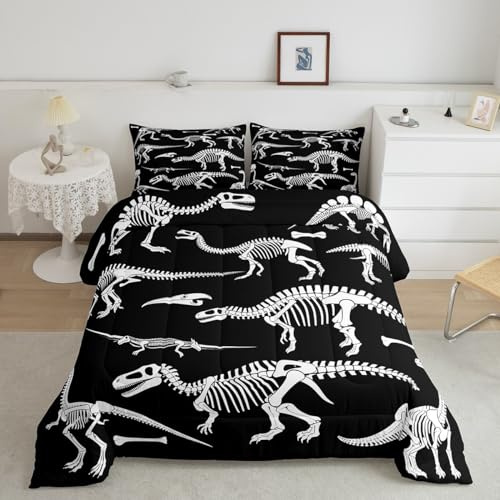 Erosebridal Dinosaur Skeleton Comforter Set Enormous Dinosaur Bedding Set for Boys Young Man,Wild Animals Wildlife Duvet Insert Gothic Sci-Fi Style Bedroom Decor Queen Size Black and White