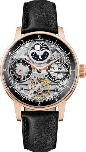 Ingersoll The Jazz 42 mm Automatik-Mondphasenuhr für Herren mit Skeleton-Zifferblatt und Echtlederarmband