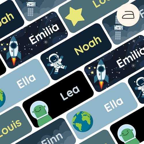 Klebekerlchen® Personalisierbare Bügeletiketten - Namensschilder für Kleidung, Sticker zum Aufbügeln, Etiketten für Kleidung - 120 Stück, 3 x 1,3 cm, Kinder, Schule - Weltraum