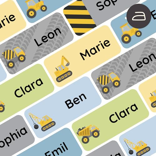 Klebekerlchen® Personalisierbare Bügeletiketten - Namensschilder für Kleidung, Sticker zum Aufbügeln, Etiketten für Kleidung - 120 Stück, 3 x 1,3 cm, Kinder, Schule - Bagger