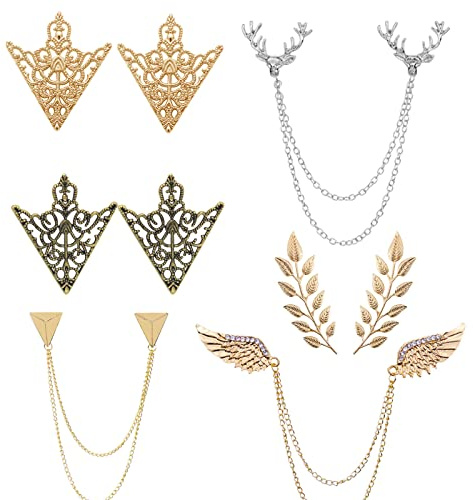 HJYZY 6 piezas Cabeza de ciervo cadenas de doble eslabón alas de ángel borla de cadena broche retro hueco patrón y ángulo triángulo borlas collar alfileres broche clip camisa collar decoración