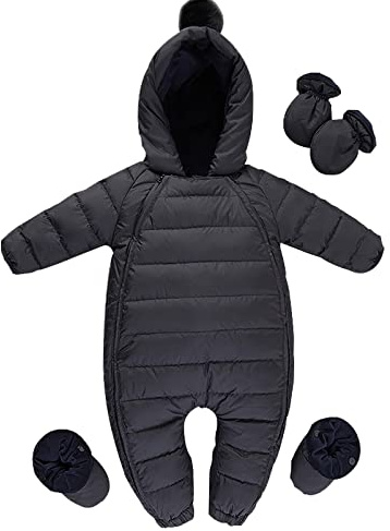 amropi Traje de Nieve para Bebé Mono con Capucha Chaqueta Abrigo de Invierno Mameluco Negro,9-12 Meses