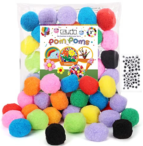 Caydo [130pcs] 30pcs 5cm Large Pom Poms with 100pcs Wiggly Eyes, Giant Pompoms for Crafting Arts, Creative DIY Projects and Home Decorations