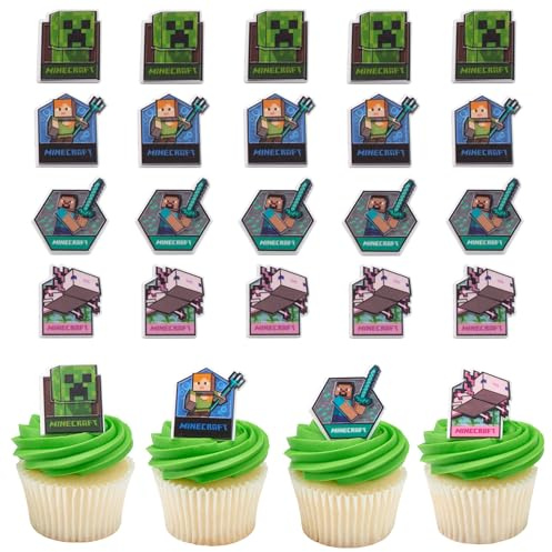 DecoPac Minecraft Lush Finds Rings, Cupcake Decorations Featuring Creeper, Alex, Steve and Axolotl! Multicolored 3D Food Safe Cake Toppers – 24 Pack