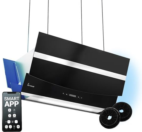 Hotte aspirante cuisine 90 cm | Hotte Îlot Inclinées | acier inoxydable | verre noir | WiFi | arrête automatiquement | éclairage LED RVB | Opération tactile | HERMES-INSEL-908SM