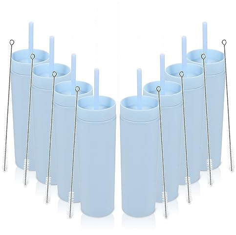 Volhoply 16oz Plastic Skinny Tumbler with Lid and Straw Bulk 8 Pack,Insulated Double Wall BPA Free Matte Acrylic Tumblers,Iced Coffee Travel Mug Reusable Party Cup,Customizable Diy Gifts(Blue,8 Set)