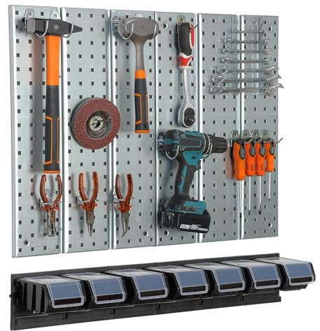 botle Werkzeugwand Metall 78x72 cm Lagersystem mit Werkzeughaltern Werkzeughaken und 7 Stapelboxen 100 x 150 x 70 mm Farbe: schwarz Lochbrett Werkstatt Garage Steckbrett Elektrowerkzeuge Lochwand