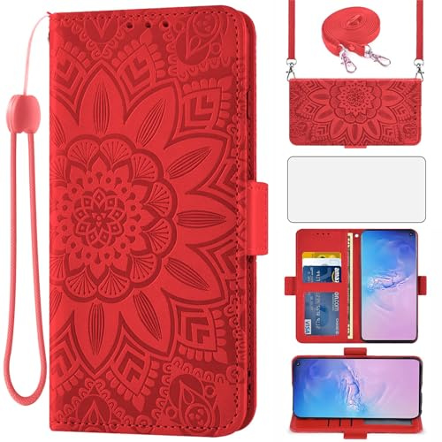 Asuwish Handyhülle für Samsung Galaxy S10 Hülle mit Band und Glas Folie Schutzfolie Kartenfach Klappbar Leder Geldbörse Ständer S 10 10S Edge Handy Hüllen Blumen Schutzhülle Cover Slim Phone Case Rot