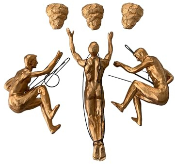 3x Rose-Gold Male Climbers with Rock Nail-Caps Abseiling Men Hanging Male Statues Figurines Ornaments Figures Wall-hanging Sculpture Wallart Bungee Jumper