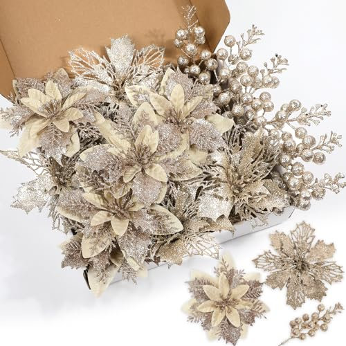 22 Stück Champagner Weihnachtsstern künstliche Blumen und Glitzer-Beeren Stiele Kit, Weihnachtssterne Dekorationen und Weihnachtsbaumschmuck für Weihnachten, Zuhause, Hochzeit, Urlaub, Baumdekoration