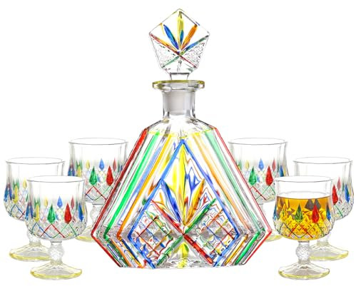 SALADAYS Set decanter e bicchieri da whisky, set di decanter in cristallo colorato con 6 bicchieri da whisky, perfetto per bourbon, scotch e vino, regalo per uomini