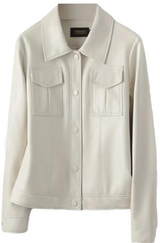 Echtes Leder Jacken Frauen Drehen Unten Kragen Knopf Kurze Mäntel Schwarz Casual Schaffell Jacken, Beige/Weiß, 38