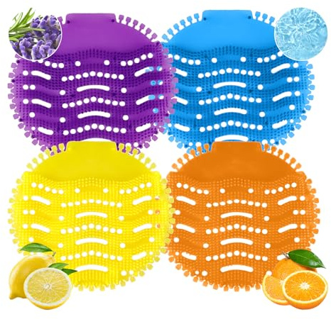 12 Pcs Urinal Screens Deodorizer, Urinal Mats Scented Splash Mat Deodorizer Fresh Pads for Toilet, Bathroom, Restaurants, Offices, Schools, Hotels (Yellow & Purple & Blue & Orange)