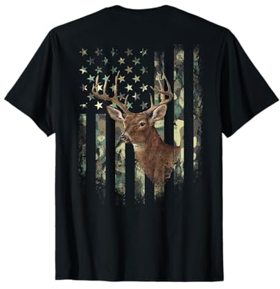 (Art on Back) American Flag Deer Hunting Camo T-Shirt