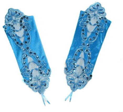 Asudaro Pailletten Spitze Satin Handschuhe Fingerlose Strass Brauthandschuhe Bestickte Handschuhe Abendhandschuhe Spitze Hochzeit Fingerring Prinzessin Handschuhe Prom Maskerade Tee Party hellblau
