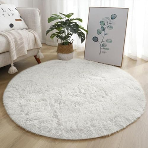 Fychuo Round Cream Rug - 120x120cm, 47x47in, Soft Fluffy Faux Fur, 4cm Pile, Anti-Slip