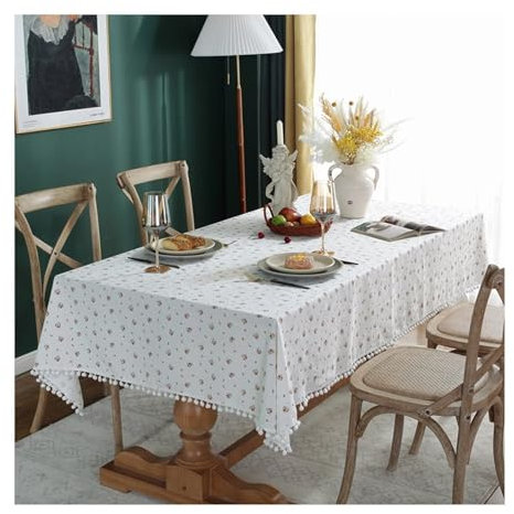 Epinki Tischdecke, Weiß Rose Tischtücher Blumen mit Samtball Baumwolle, Tischdecke Deko Schmutzabweisend für Wohnzimmer, Esszimmer, Balkon, Garten, 140x220CM