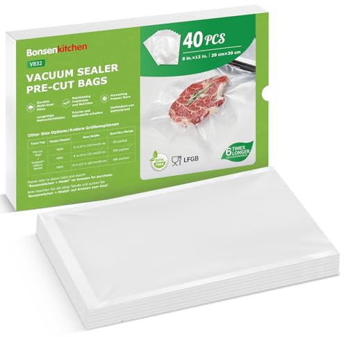 Bonsenkitchen Vacuum Sealer Bags, 40 Pcs 20 x 30 CM Precut Food Sealer Bags, Commercial Grade, BPA Free, Heavy Duty, Customized Size Vacuum Bags for Vac Storage, Meal Prep or Sous Vide Cooking, VB32