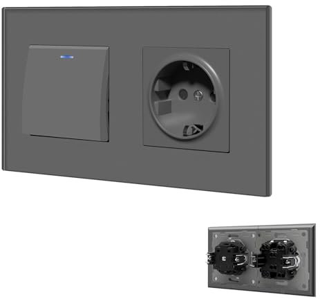 BSEED Interruptor de Cristal 1 Gang 1 Vía + Enchufe Schuko, Interruptor Pulsador Empotrable con Indicador Luminoso LED, Interruptor de Pared para Salón, Oficina, Cocina -Gris