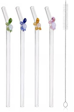 Glasstrohhalme mit Schildkröte, wiederverwendbar, Schildkröten-Design, Glas-Trinkhalme mit gebogenem Strohhalm, Reinigungsbürsten, lustiges Glas, 4 Stück