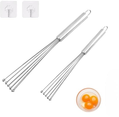 2 Pieces Stainless Steel Ball Whisk Wire Egg Whisk Set and 2 Hooks Kitchen Whisks for Cooking, Blending, Beating, Whisking, Stirring (12 and 10)