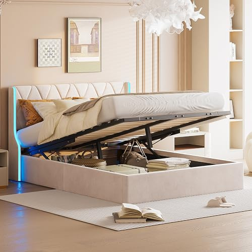 USROCAS Polsterbett 140x200 cm - Doppelbett mit Lattenrost und Stauraum, Bett 140x200 mit LED Beleuchtung Kopfteil, Weiches Samt-Material, Modernes Stauraumbett, Jugendbett, Ohne Matratze (Beige)