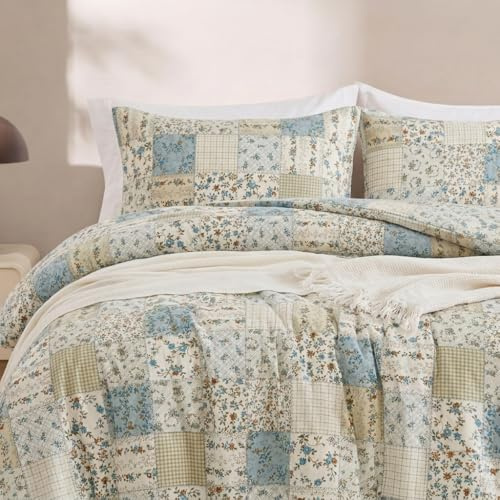 Herside Patchwork Floral Bedding Set King Size 100% Cotton Duvet Cover Set Farmhouse Botanical Quilt Cover 3 Pieces Soft Vintage Cotton Bedding Set for Adult Girls(Blue Patchwork, King)