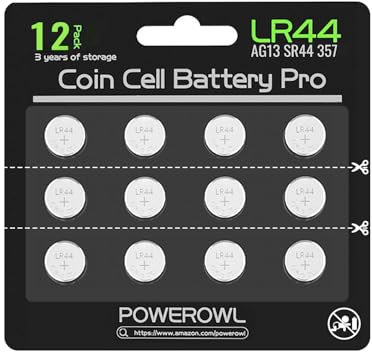 POWEROWL Pilas LR44 L1154F de Alta Capacidad, AG13 357 303 SR44 A76 Pilas Alcalinas de 1,5 V (12 Piezas, Negro)