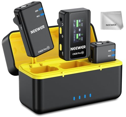 NEEWER CM28 Pro Micrófono Lavalier Inalámbrico + Estuche de Carga y Paño de Limpieza, Reducción de Ruido 9 Horas Grabación Mini Micrófono de Solapa Compatible con iPhone iPad USB C Android Cámara PC