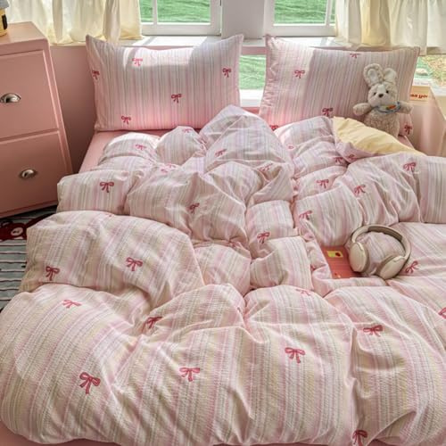 Nayoroom Bettwäsche 135x200 Gestreift Schleifen Bettbezug Kissenbezug 80x80 | ÖKO-TEX, Premium Gewaschene 110gsm Microfaser, für Mädchen, Schleifenmuster Bettwäsche-sets, Reißverschluss, 2teilig