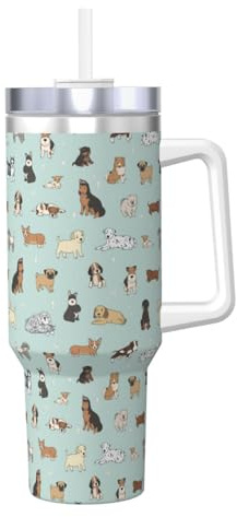 Kashinn 40 oz Insulated Tumblers With Handle And Straw Large Sports Water Bottle Jug Ice Bully Cup dog Print