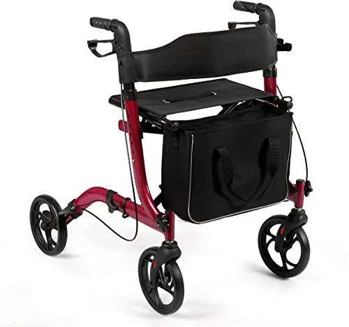 COSTWAY Aluminium Rollator, Reiserollator faltbar, Leichtgewichtrollator höhenverstellbar, mit abnehmbarem Aufbewahrungsbeutel, Einbrennlackierung, für Senioren und Erwachsene (Rot)