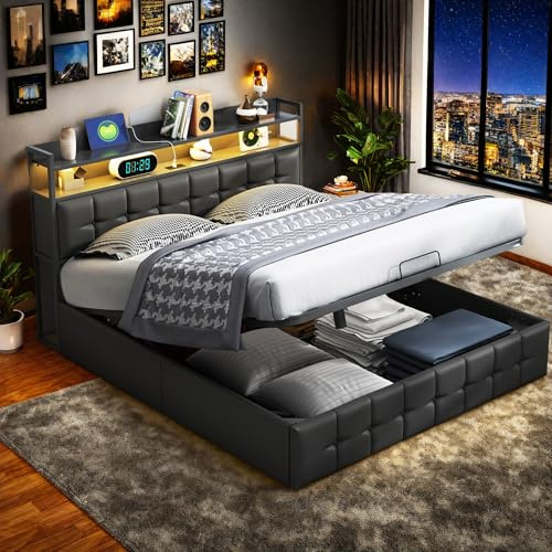 HNOUER Boxspringbett Polsterbett 140x200 mit USB-Ladegerät,Hydraulisch Stauraumbett mit Stauraum Lattenrost,Bett mit Bettkasten Holz,mit Kopfteil gepolstert,Ohne Matrat (140 x 200 cm)