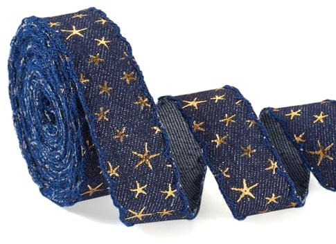 Craftora Cintas de mezclilla de 5 yardas con estampado de estrella dorada en 3D, cinta de tela vaquera azul retro para manualidades, envoltura, lazo, ropa, decoración de costura