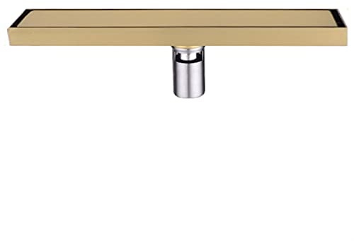 Desagüe de ducha lineal dorado cepillado con rejilla de azulejos de acero inoxidable 304 rectangular con colador de pelo para un flujo de agua eficaz, actualización moderna del baño