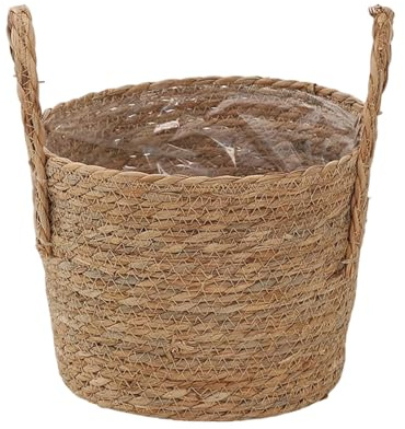 Fioriera in tessuto di paglia con manico, cesto per piante in tessuto, per interni, casa, balcone, patio, giardino, cortile, , prato