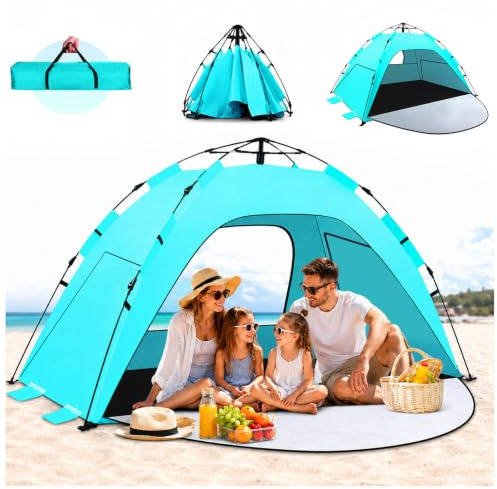 WARMTUYO Refugio de playa, tienda de campaña de playa Quick Up automática, instantánea, refugio de playa con 3 porches ampliables, protección UV 50+, protección contra el viento, tienda de campaña