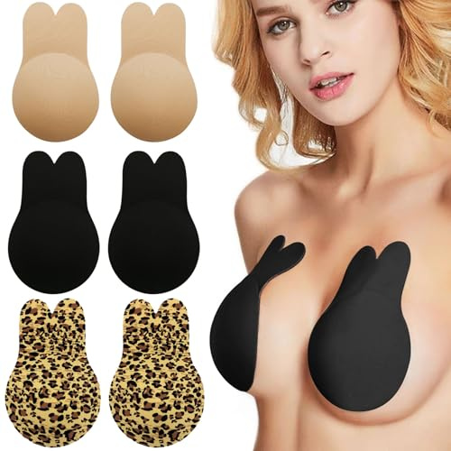 Forbabe 3 par självhäftande bh push up, osynlig självhäftande bh rygglös, starkt grepp, inklusive leopard/svart/beige, perfekt för brudklänning och sommartoppar