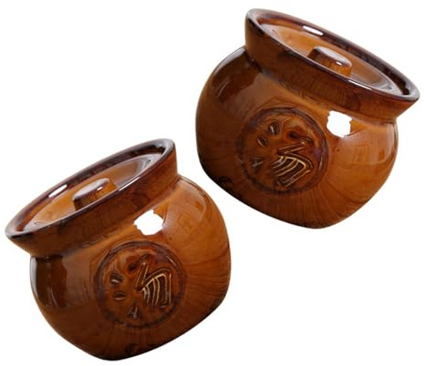 MAGICLULU Olla para Sopa Estilo Retro y Antiguo 2 Piezas Tapa Olla de Estofado de Sopa de Cerámica 350ml Apilable para Guisar al Baño María