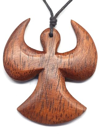 Drachensilber Engel Holz Halskette Kettenanhänger mit längenverstellbarem Baumwollband – 100% Handarbeit Anhänger Kette Holzschmuck – Engel Schmuck Damen Herren