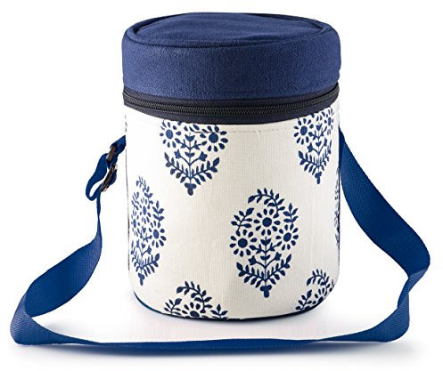 Thermally Insulated Blue Indian Leaf Tiffin Bag Carrier for 3-Tier Tiffin
