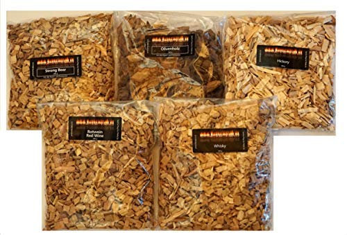 Räucherchips 5 Sorten Woodchips Exoten Sammlung zum Probieren Hickory Whisky Rotwein Strong Beer Olive BBQ Grill Cocktails Räuchern