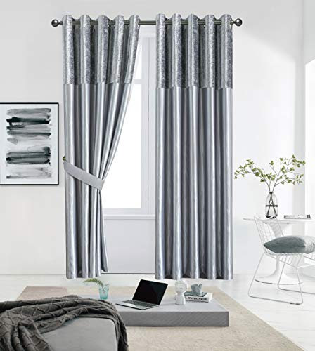 ZIMEL HOMES Crushed Velvet Band Silk Curtains (Pair) 6 wide coloured curtain choices -8 sizes-Fully Lined-Eyelet Ring Top Curtains-Faux Silk band top curtain pair with crushed velvet fabric base.