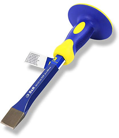S&R Scalpello da Muratore Piatto con Paracolpo 25 x 300 mm, 40CRV, 52-58 HRC. Per Legno, Piastrelle, Calcestruzzo, Pietre, Pavimenti. Impugnatura Antiscivolo