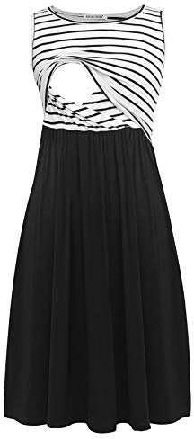 Smallshow Mujer Vestido de Lactancia de Maternidad, en Capas, con Bolsillos White Stripe-Black X-Large