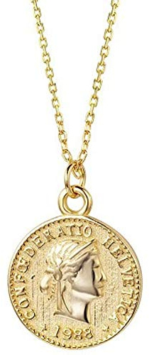Carved Gold Coin Pendant Necklace for Women Girls Men 925 Sterling Silver 18K Gold Plated Simple Round Chain Goddess Worship Celebrity Medal Reversible Keepsake Chic Choker Fashion Jewelry Gifts Box