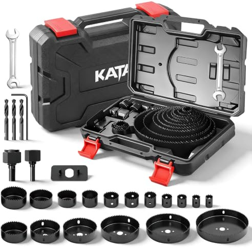 KATA Hole Saw Kit, 24PCS Hole Saw Set with 3/4-6(19-152mm) Multi-Size Saw Blades, Precision Hole Saw Drill Bit Kit with Mandrels & Solid Storage Case Cutting for Drywall, Soft Wood, PVC, Plastic