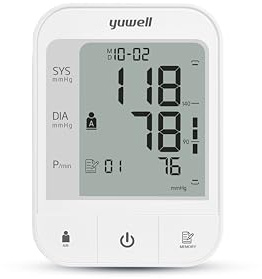 yuwell Misuratore di Pressione Sanguigna da Braccio, Sfigmomanometro Elettronico con bracciale 22-45cm, Grande Schermo LCD, Monitoraggio della Frequenza Cardiaca, 4 AA Batterie Incluse(grigio)