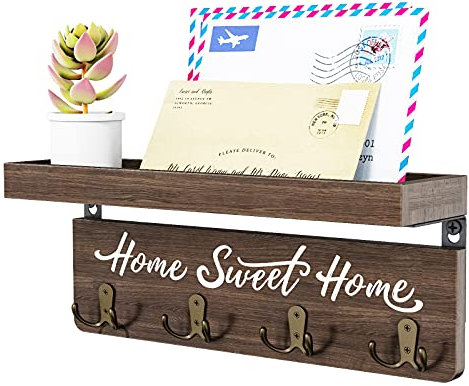 Schlüsselbrett mit Ablage, Schlüsselbrett Holz mit 4 Haken, Schlüsselablage Wand für Eingang, Flur, Schlafzimmer, Wohnzimmer, Braun