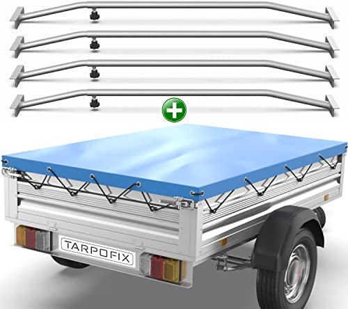 Tarpofix® Anhänger Plane 2575x1345 mm + 4X Planenbügel | Anhängerplane Flachplane aus PVC PLANENMATERIAL | Verstärkte Stema Anhänger Plane für 1300kg PKW Hänger | Abdeckplane + Flachplanenbügel